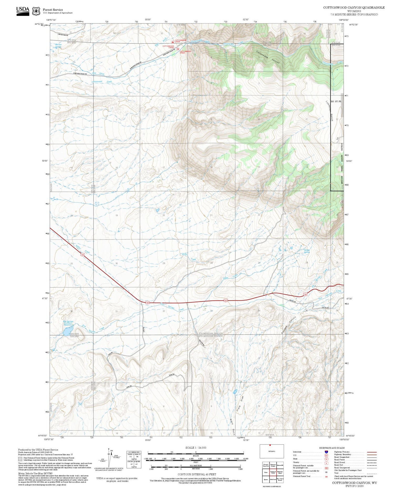2025 Forest Service Topo Map of Cottonwood Canyon Wyoming