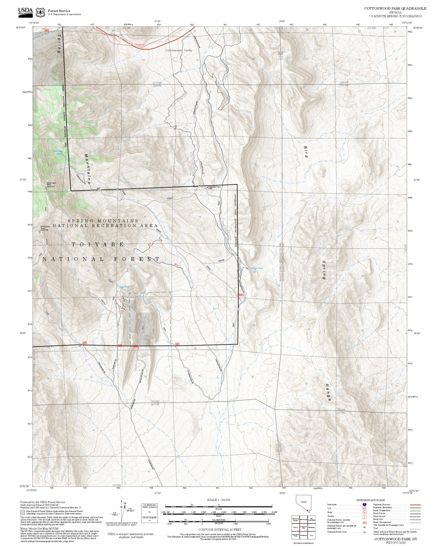 2025 Forest Service Topo Map of Cottonwood Pass Nevada