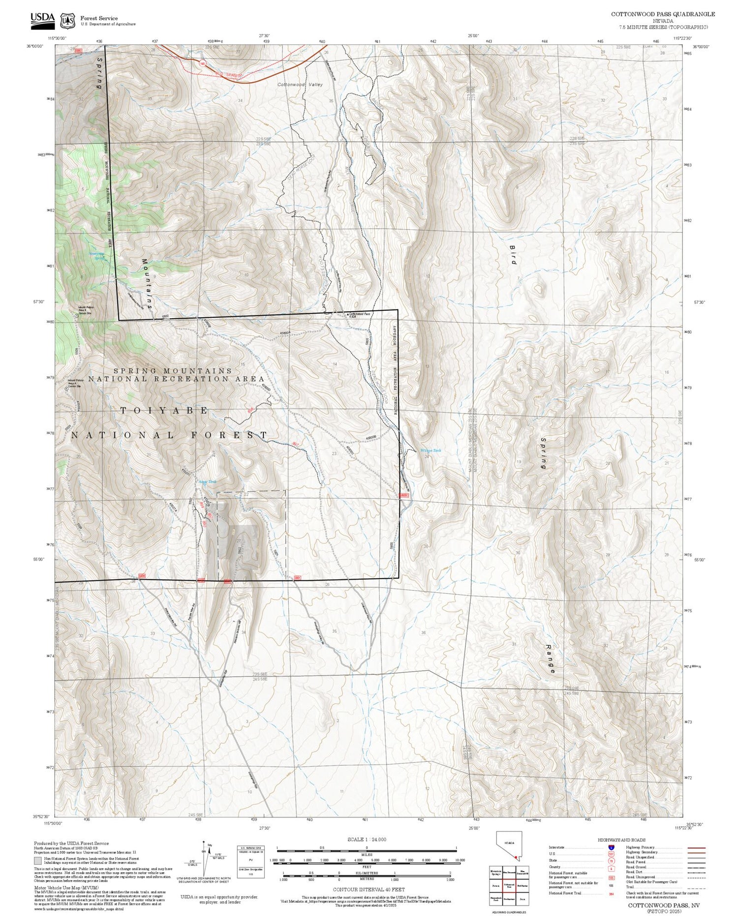 2025 Forest Service Topo Map of Cottonwood Pass Nevada
