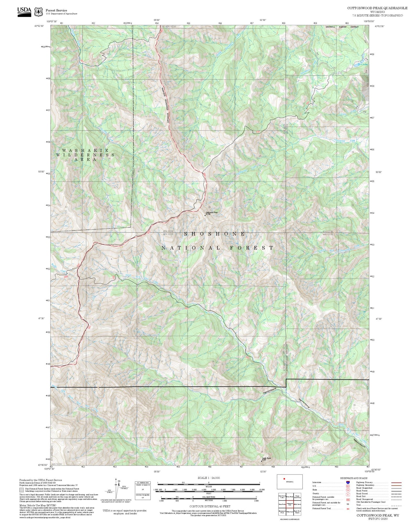 2025 Forest Service Topo Map of Cottonwood Peak Wyoming