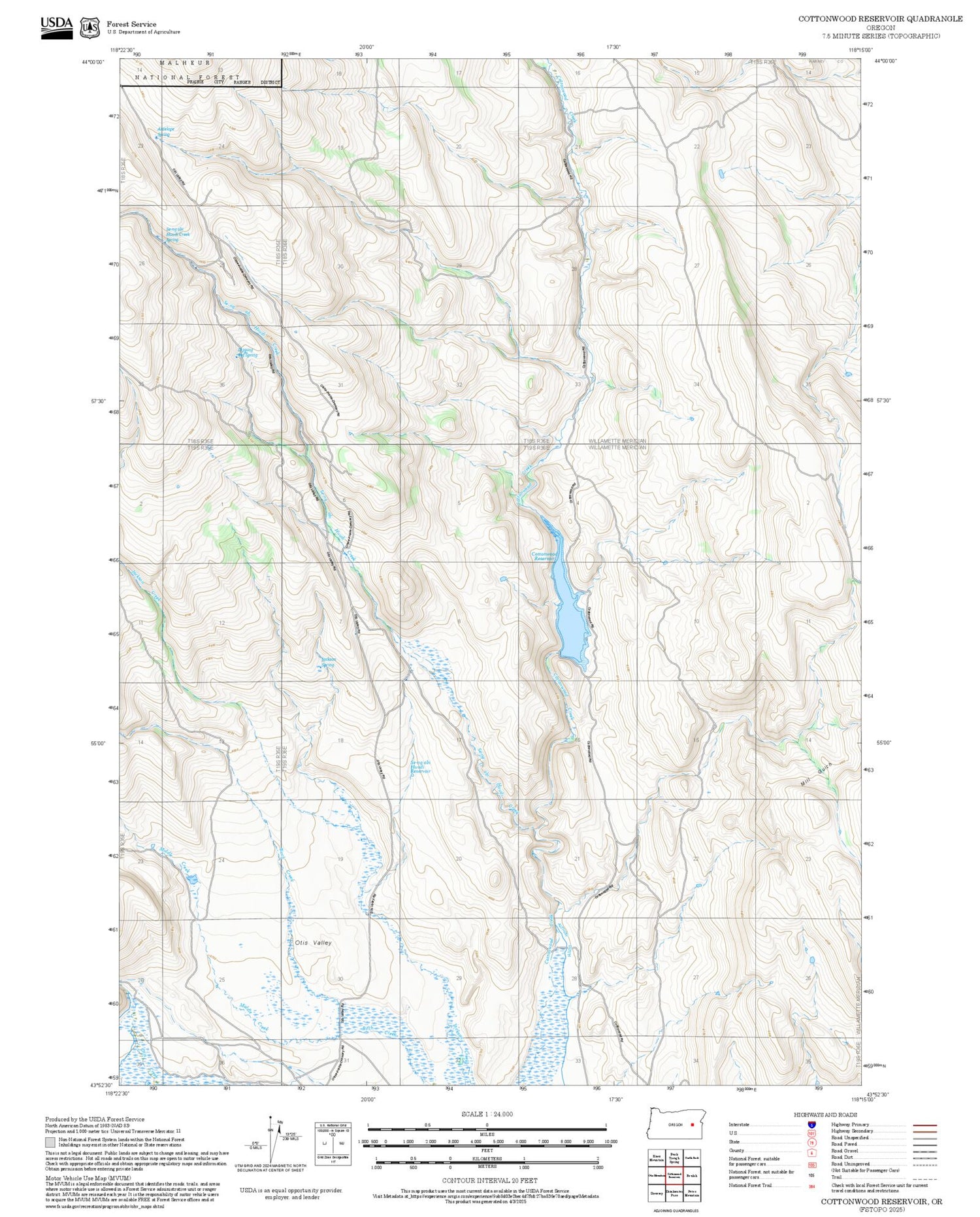 2025 Forest Service Topo Map of Cottonwood Reservoir Oregon
