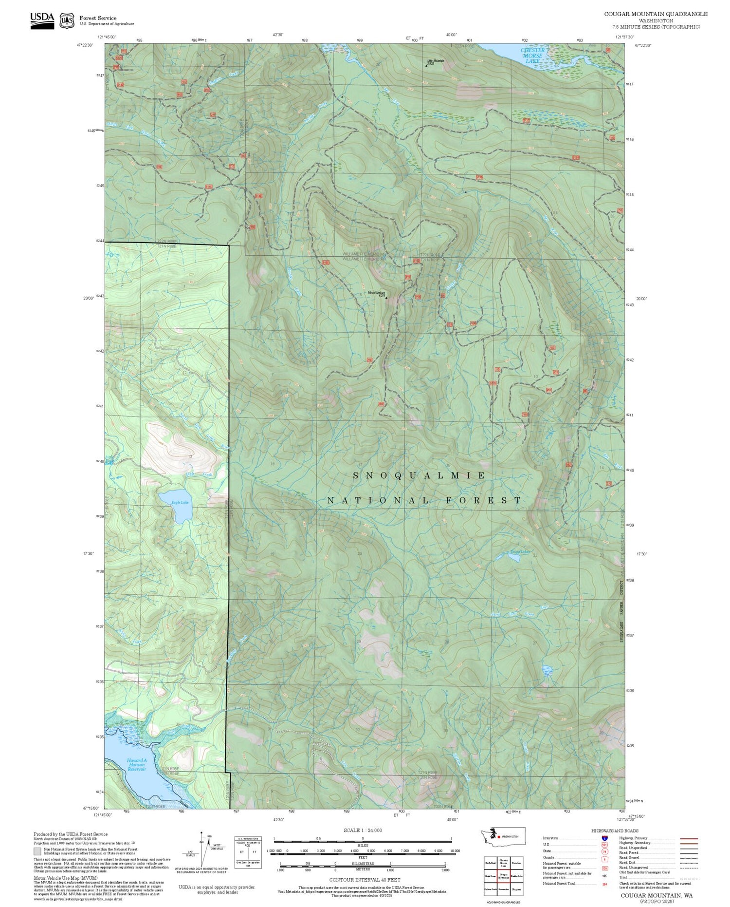 2025 Forest Service Topo Map of Cougar Mountain Washington