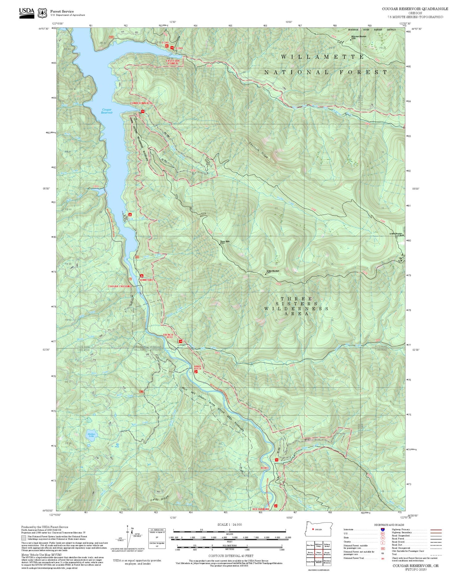 2025 Forest Service Topo Map of Cougar Reservoir Oregon