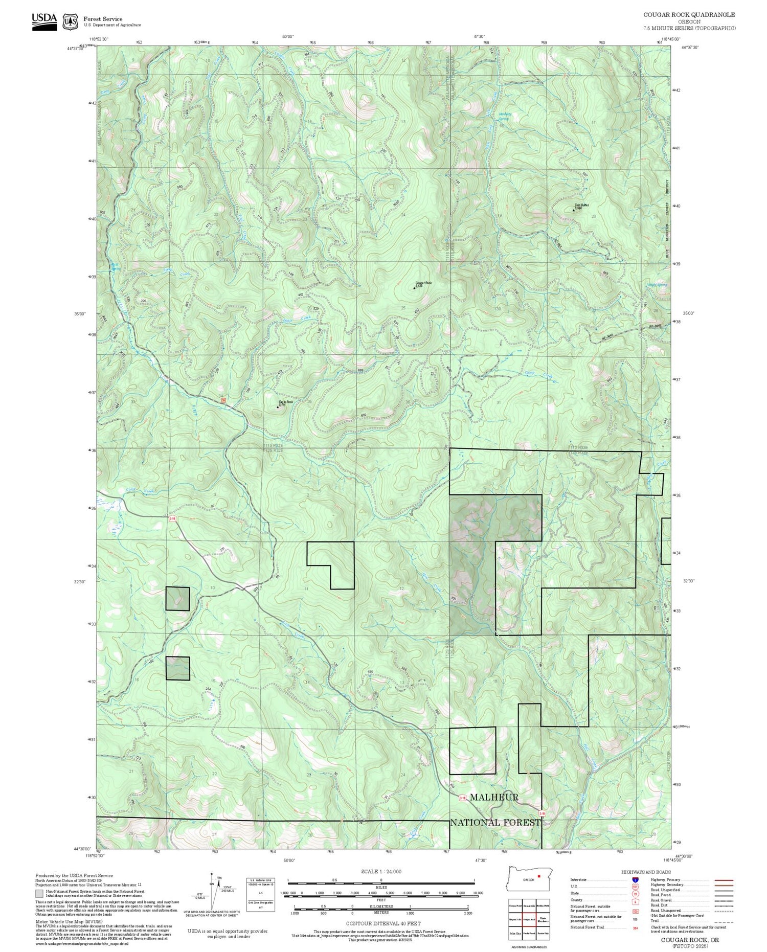 2025 Forest Service Topo Map of Cougar Rock Oregon