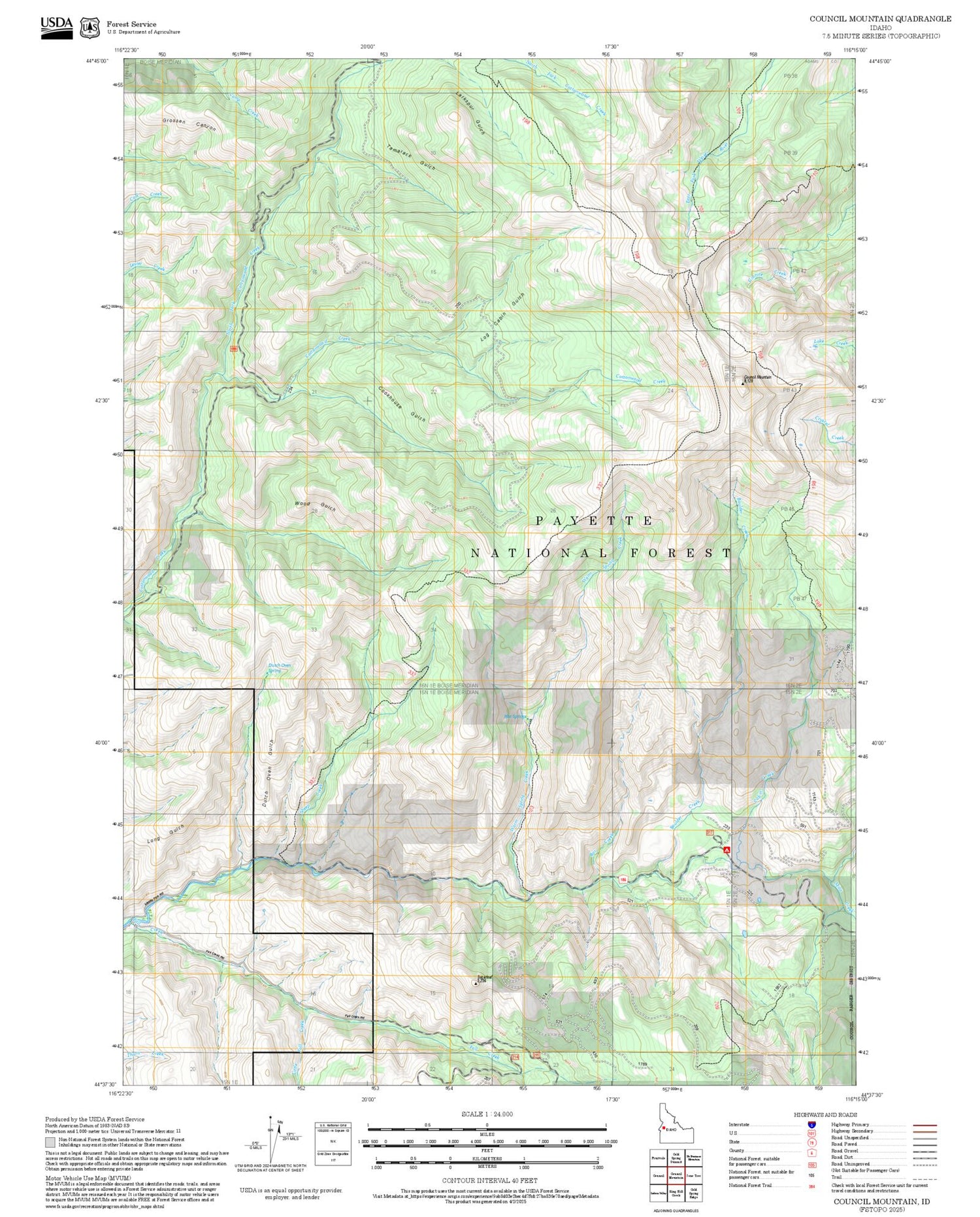 2025 Forest Service Topo Map of Council Mountain Idaho