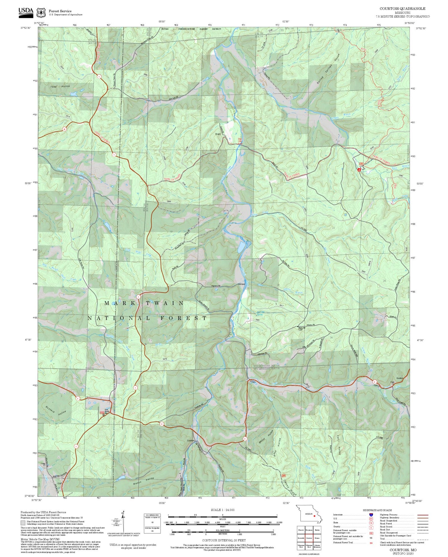 2025 Forest Service Topo Map of Courtois Missouri