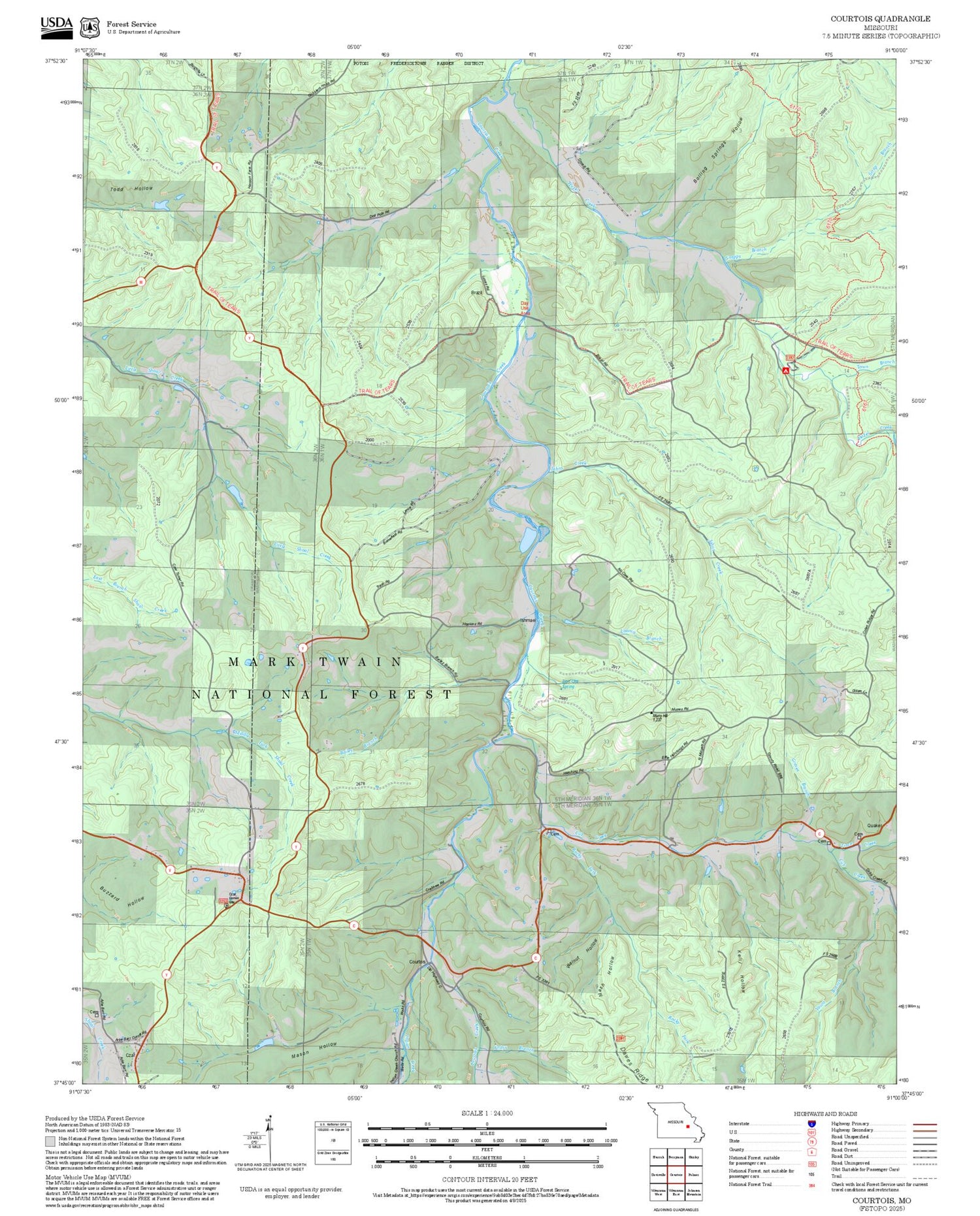 2025 Forest Service Topo Map of Courtois Missouri