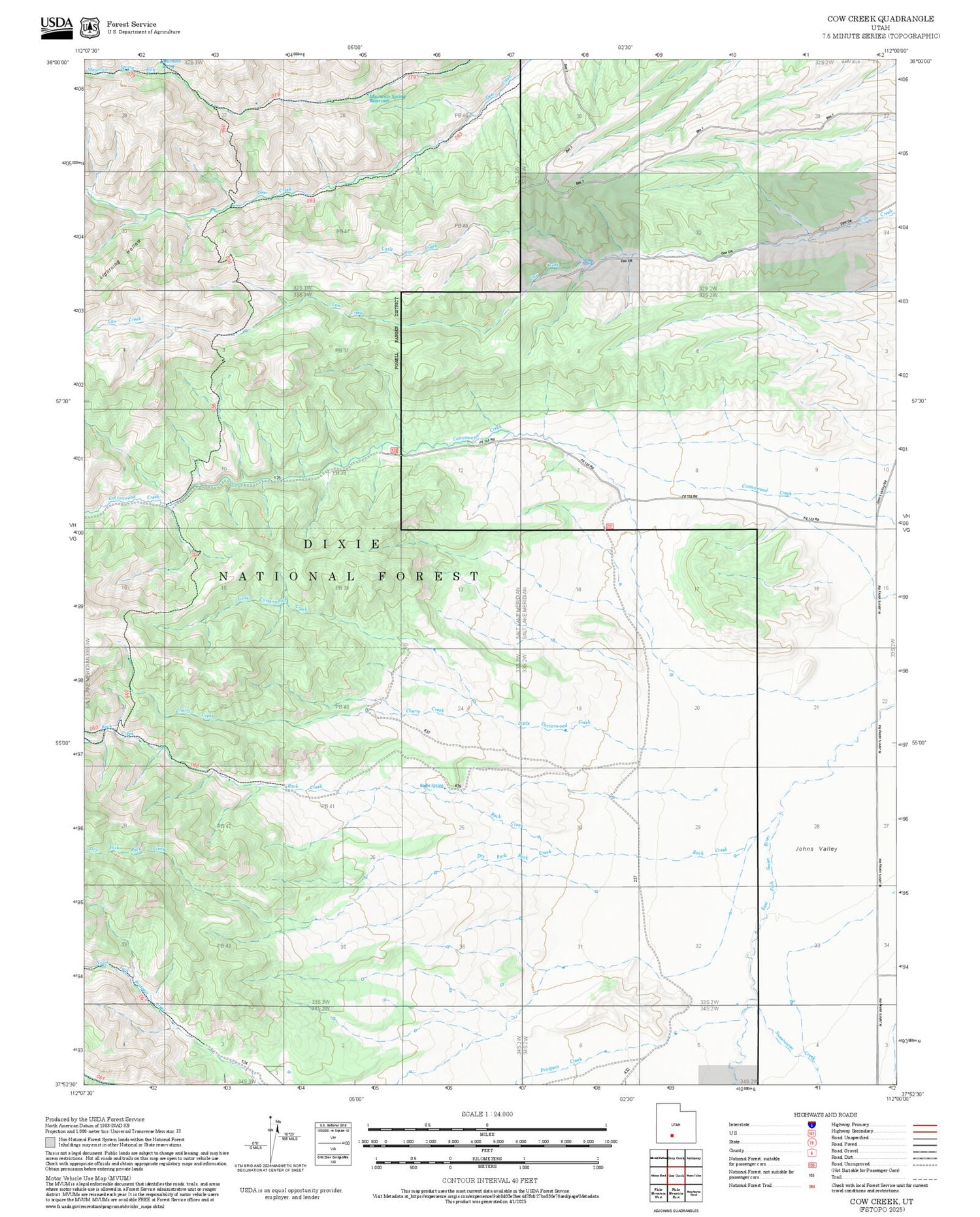 2025 Forest Service Topo Map of Cow Creek Utah