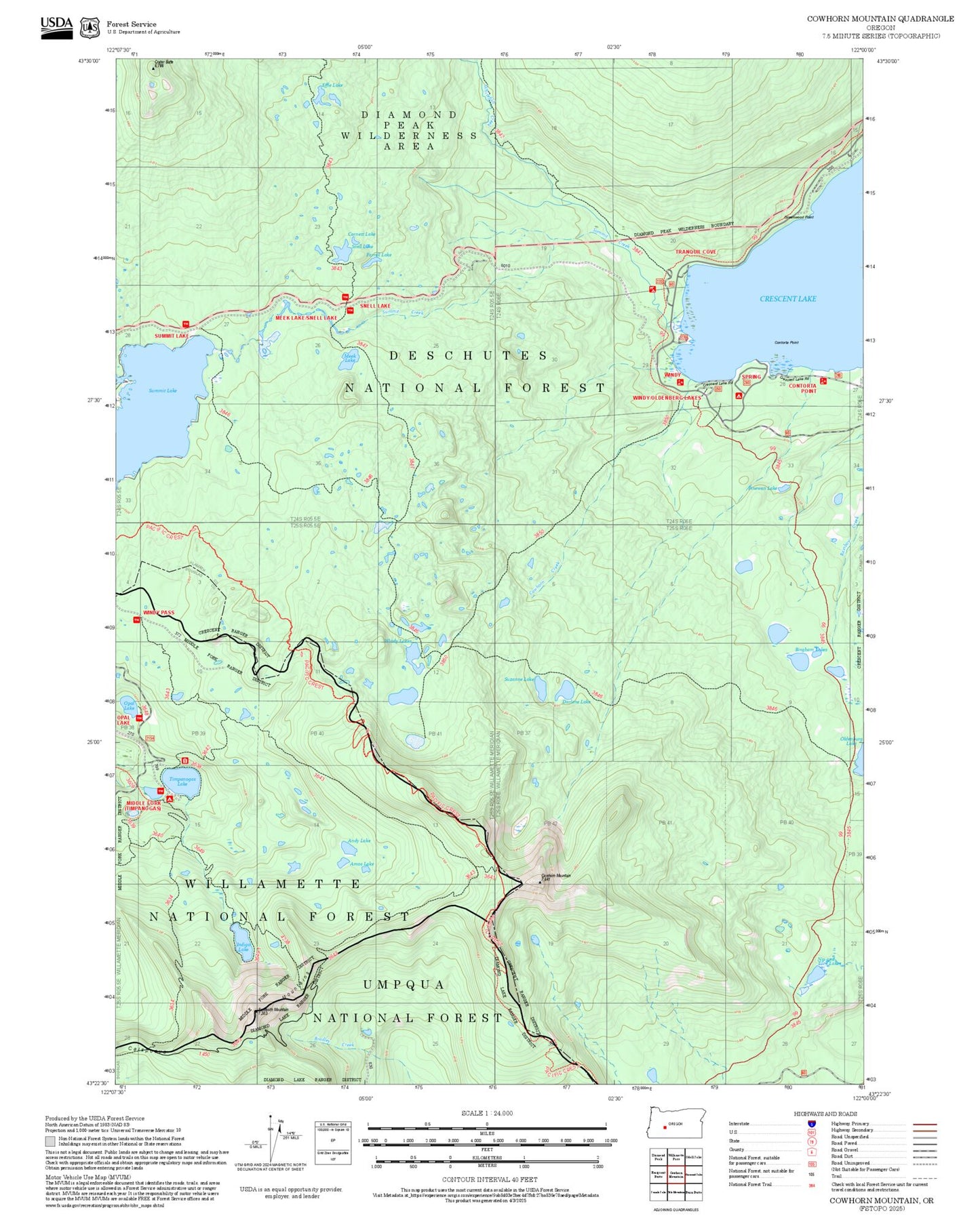 2025 Forest Service Topo Map of Cowhorn Mountain Oregon