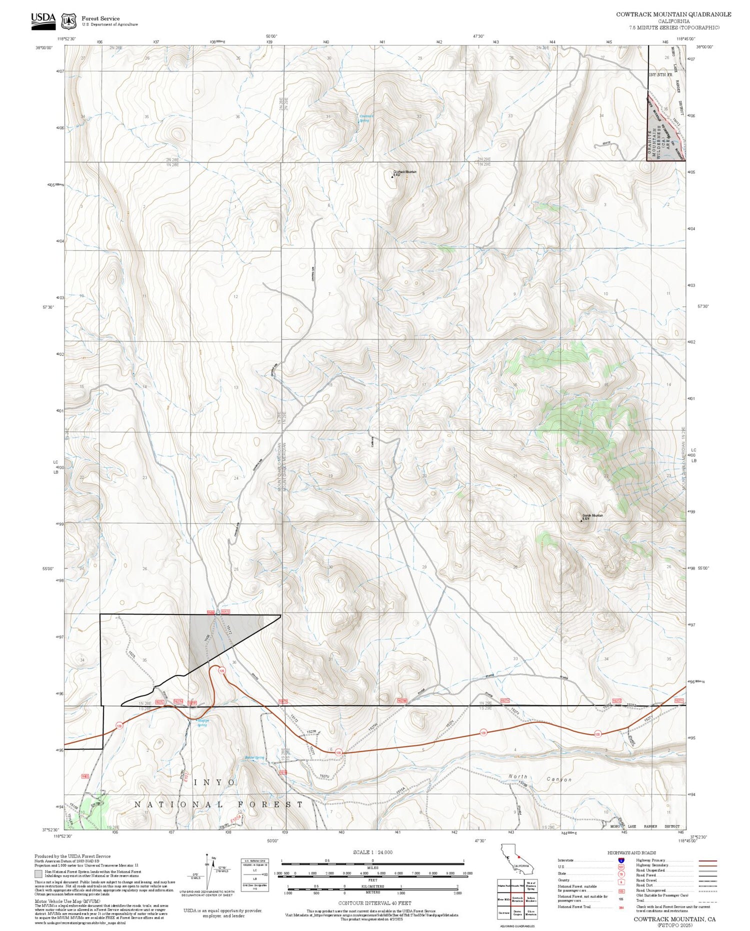 2025 Forest Service Topo Map of Cowtrack Mountain California