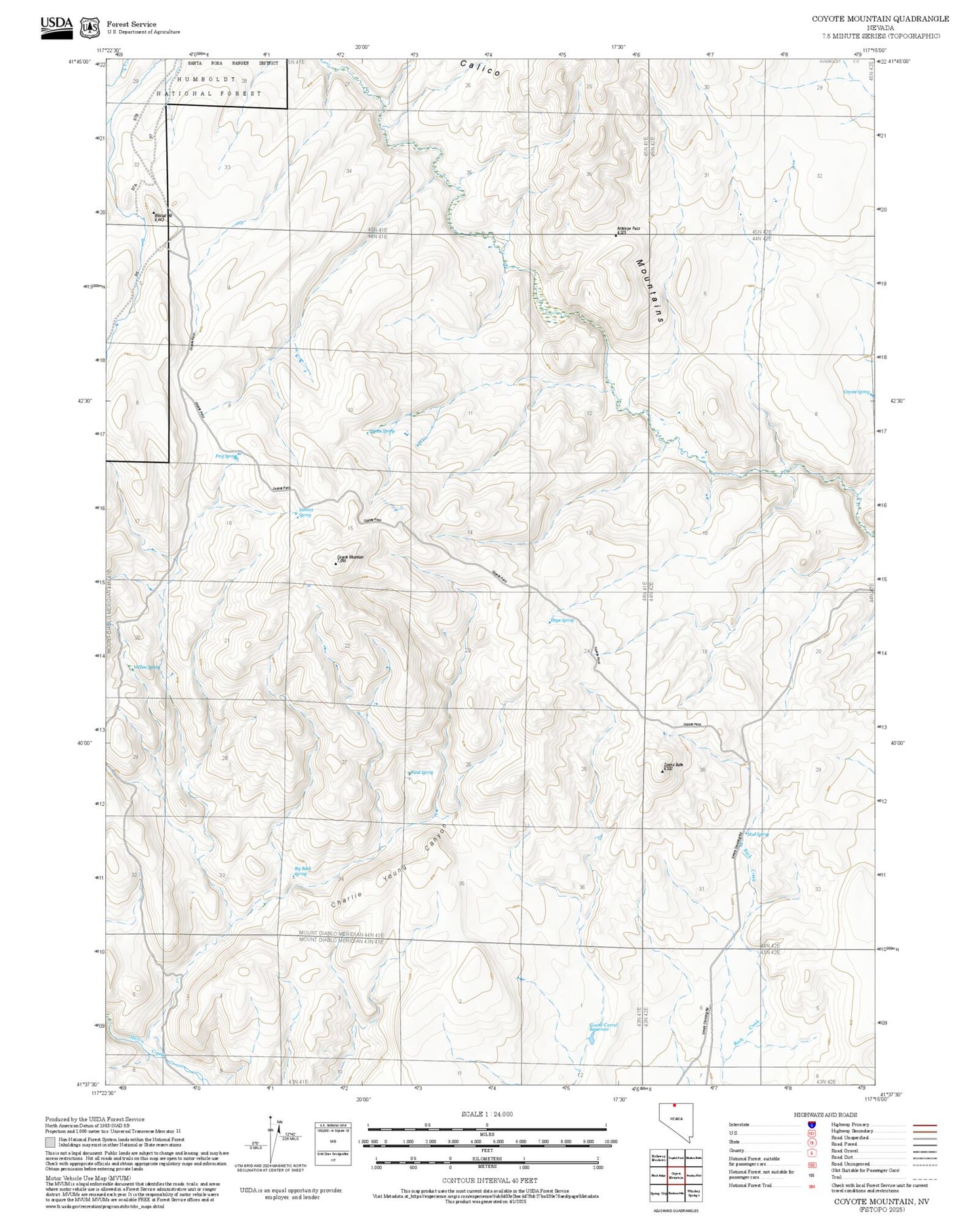 2025 Forest Service Topo Map of Coyote Mountain Nevada