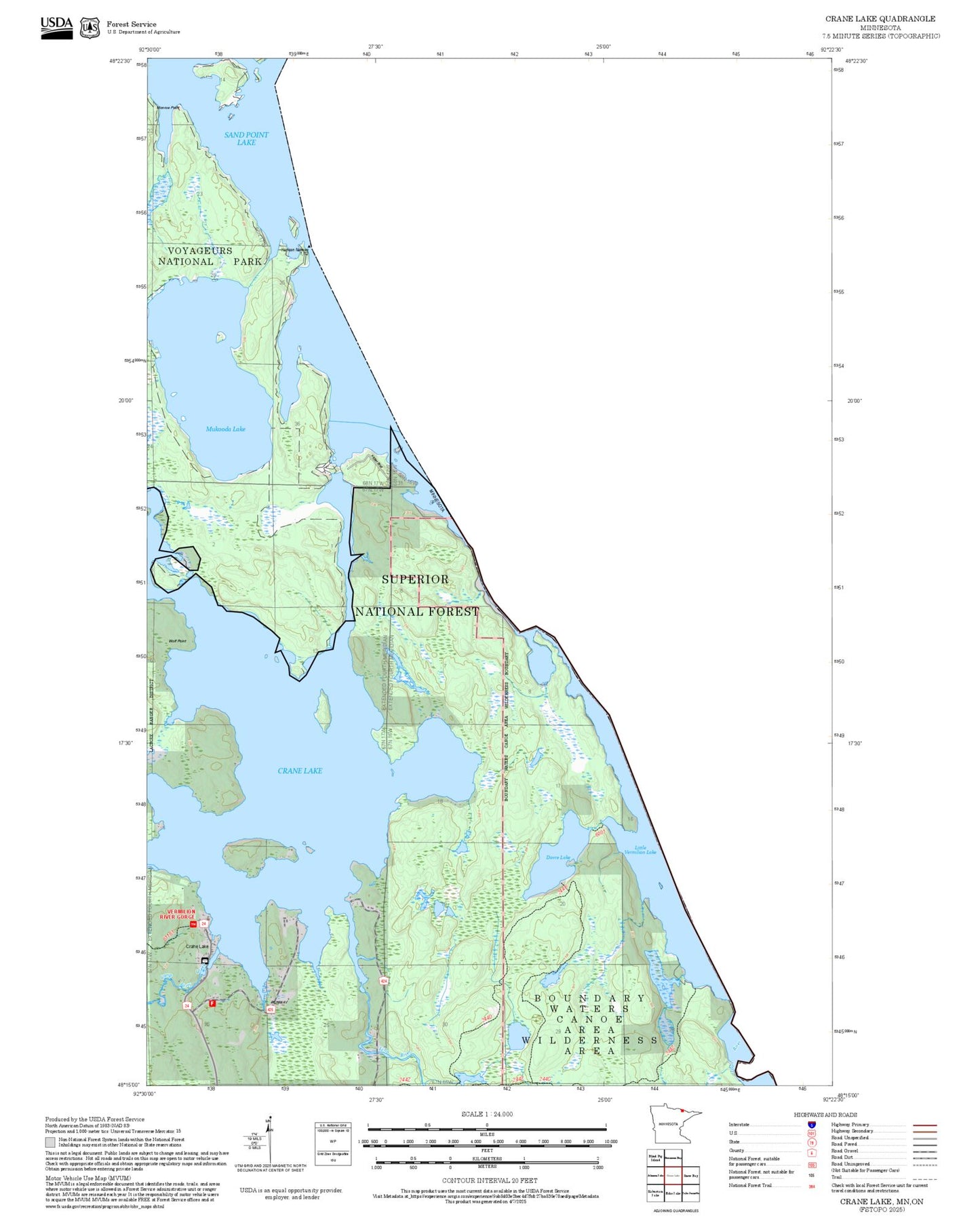 2025 Forest Service Topo Map of Crane Lake Minnesota