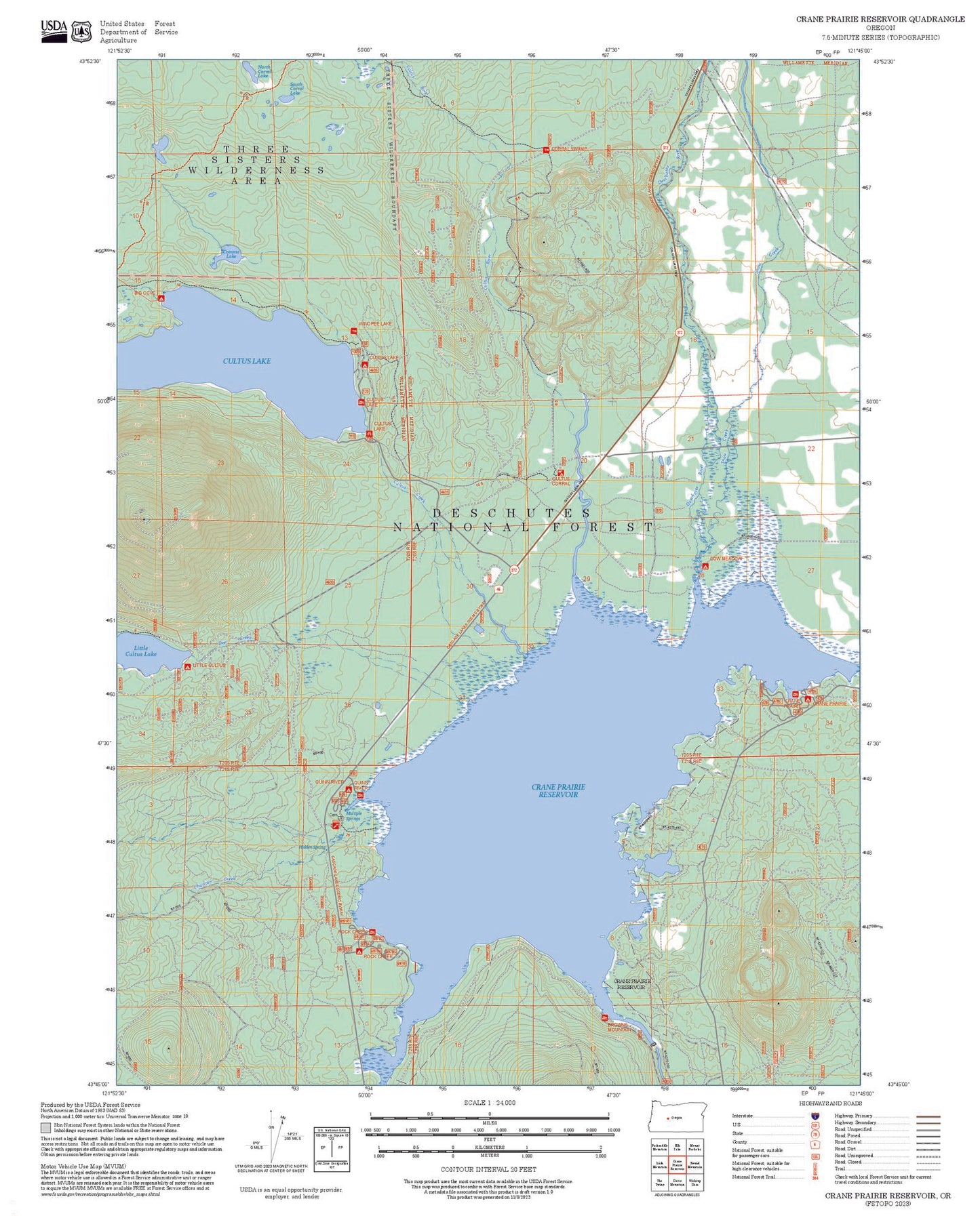 2025 Forest Service Topo Map of Crane Prairie Reservoir Oregon