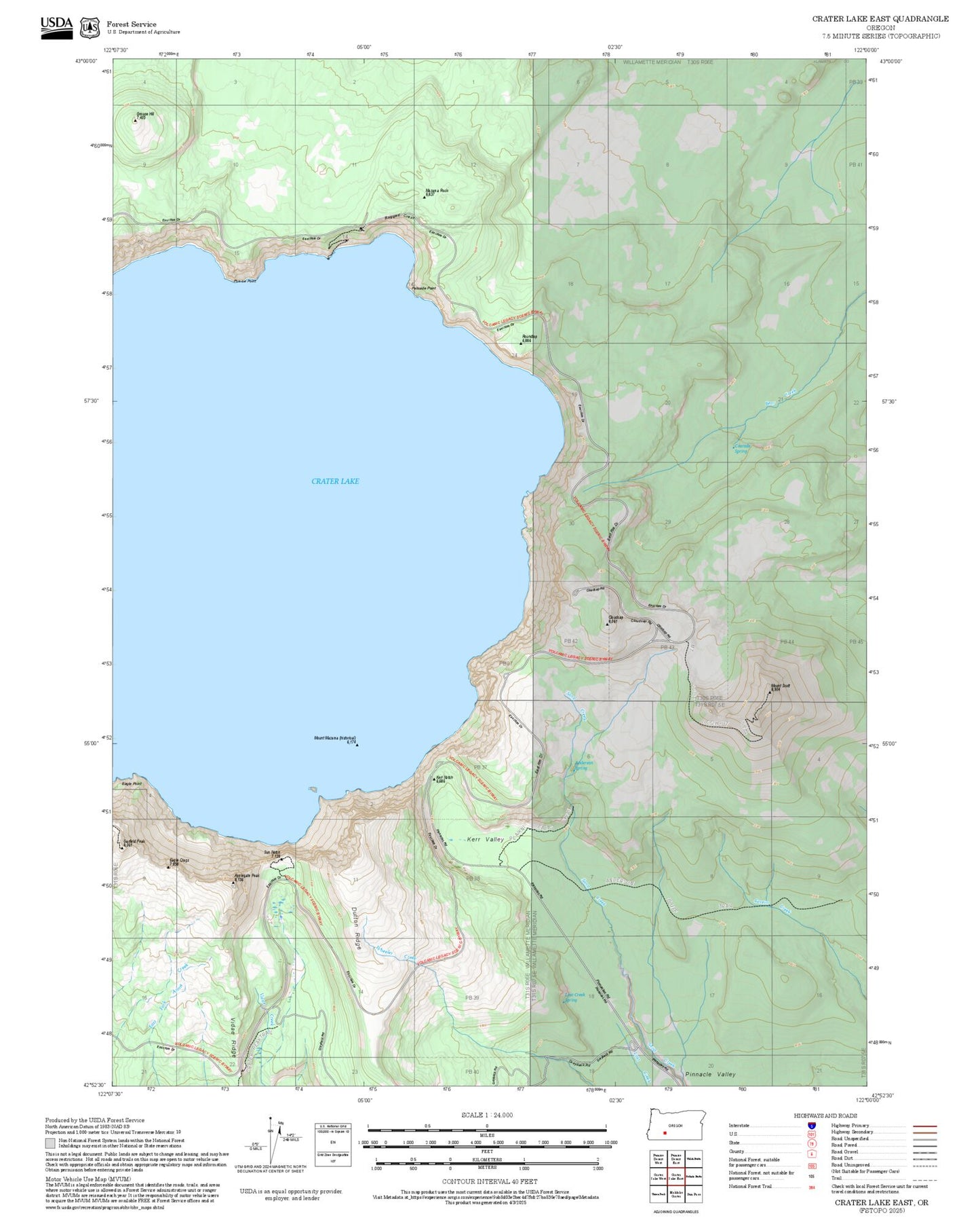 2025 Forest Service Topo Map of Crater Lake East Oregon