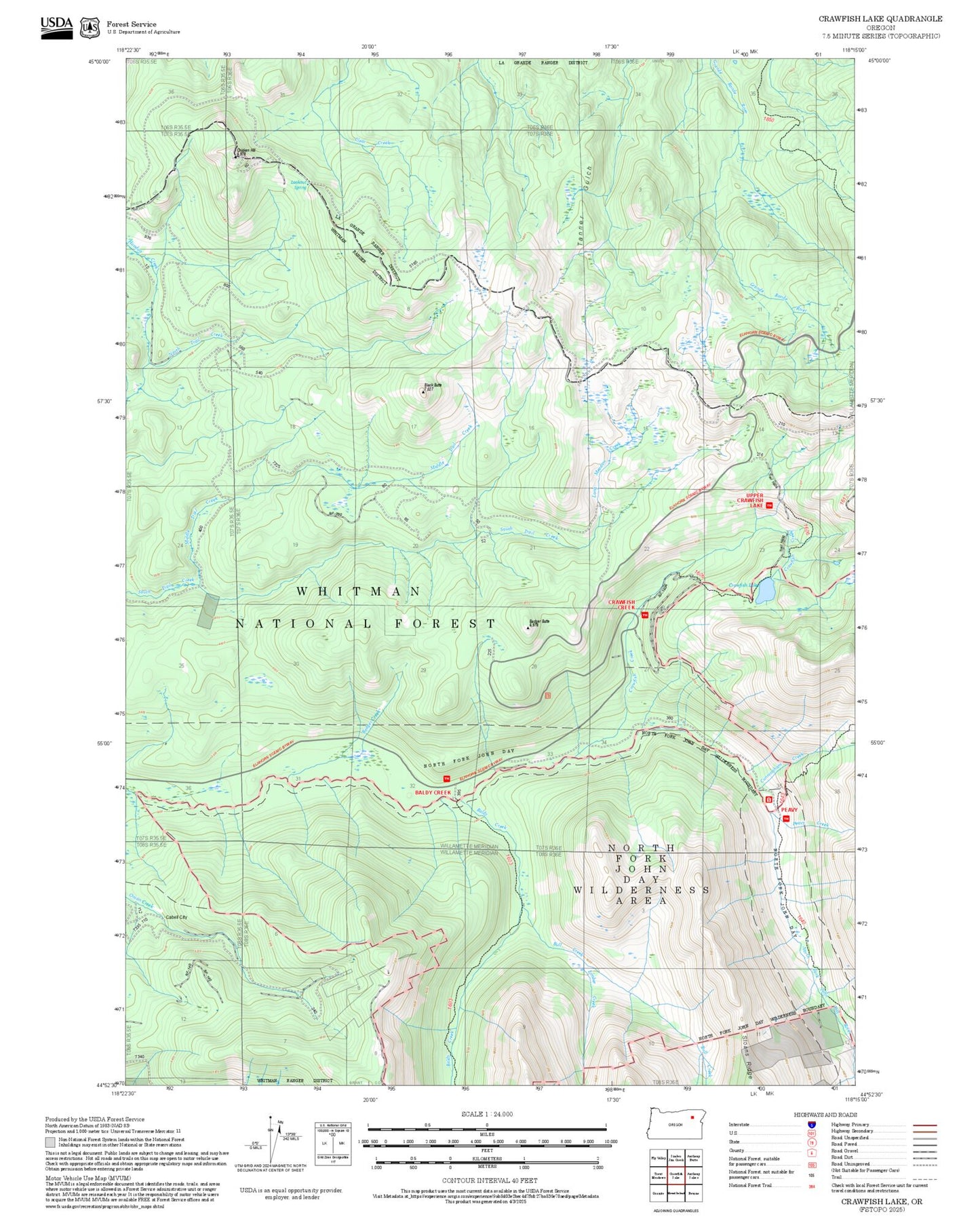 2025 Forest Service Topo Map of Crawfish Lake Oregon