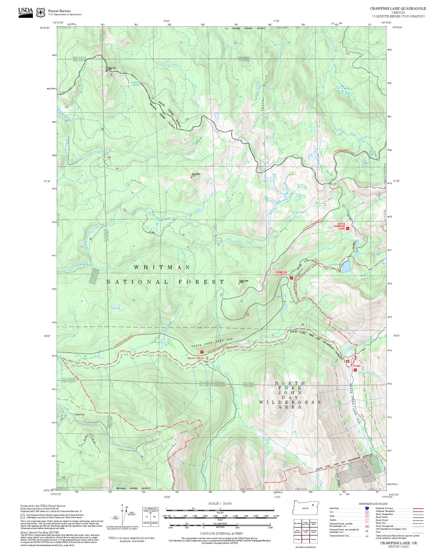 2025 Forest Service Topo Map of Crawfish Lake Oregon