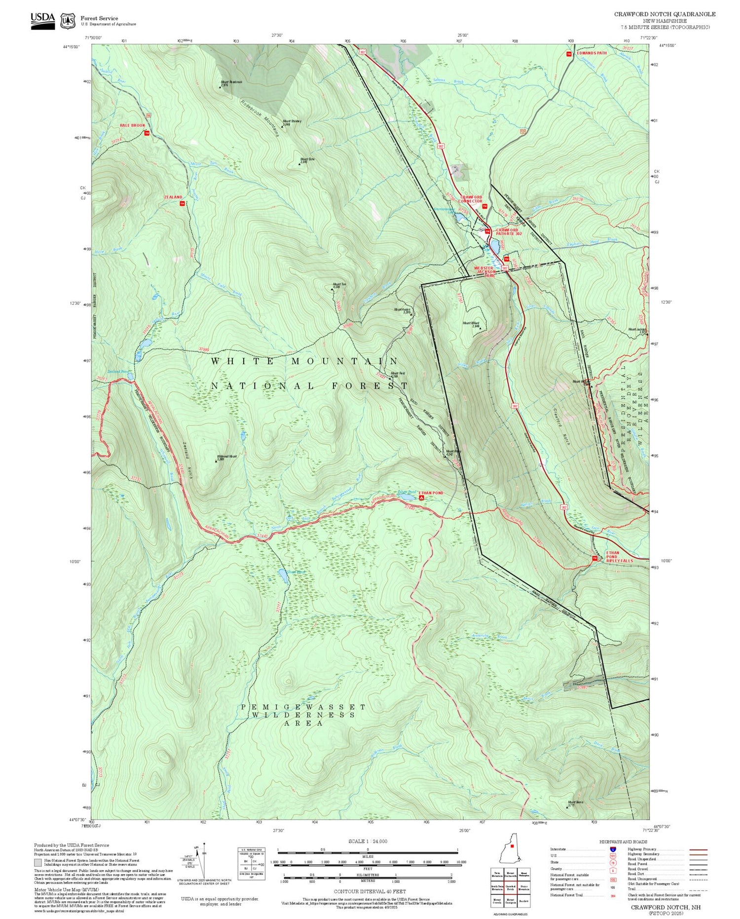 2025 Forest Service Topo Map of Crawford Notch New Hampshire