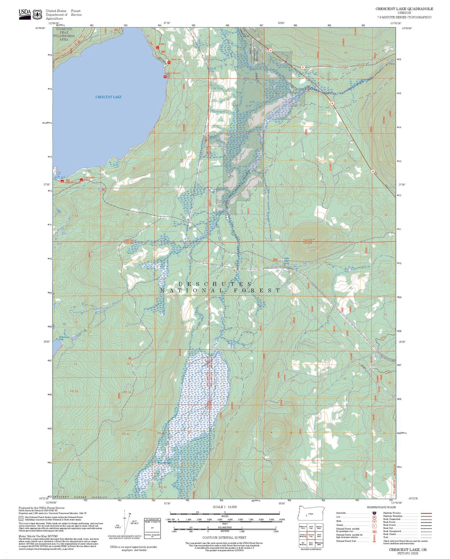 2025 Forest Service Topo Map of Crescent Lake Oregon