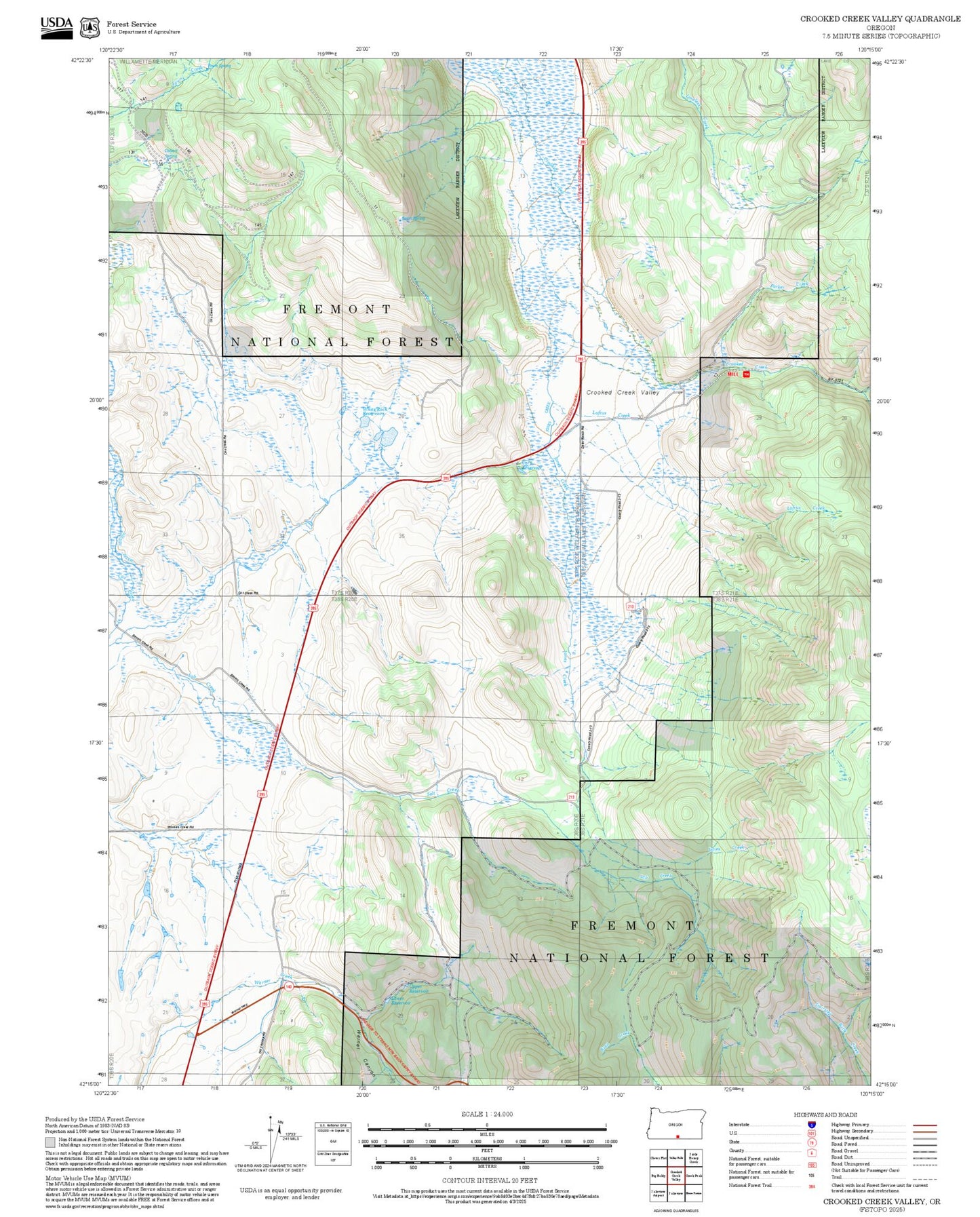 2025 Forest Service Topo Map of Crooked Creek Valley Oregon