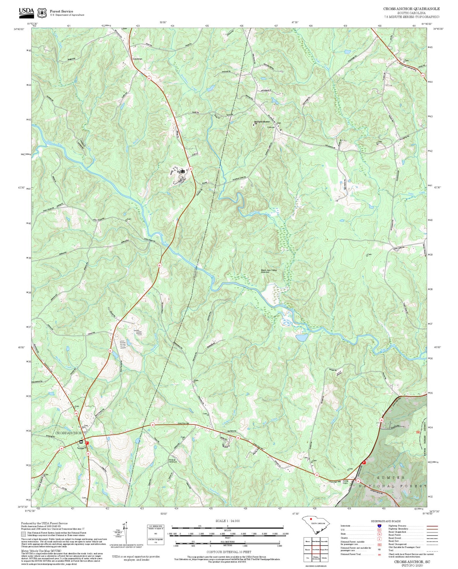 2025 Forest Service Topo Map of Cross Anchor South Carolina