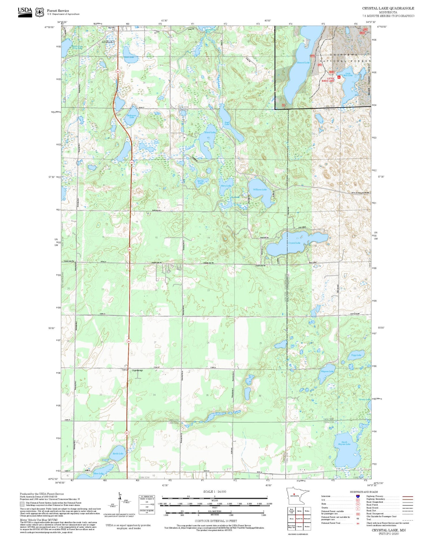 2025 Forest Service Topo Map of Crystal Lake Minnesota