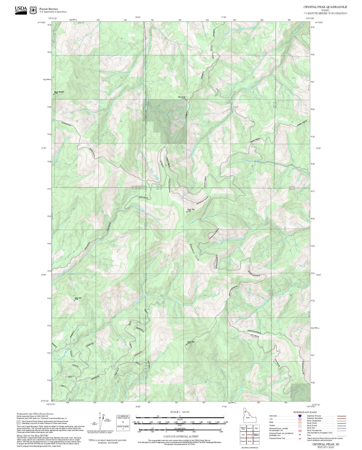 2025 Forest Service Topo Map of Crystal Peak Idaho