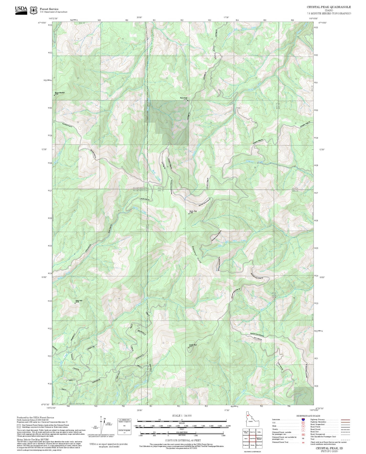 2025 Forest Service Topo Map of Crystal Peak Idaho