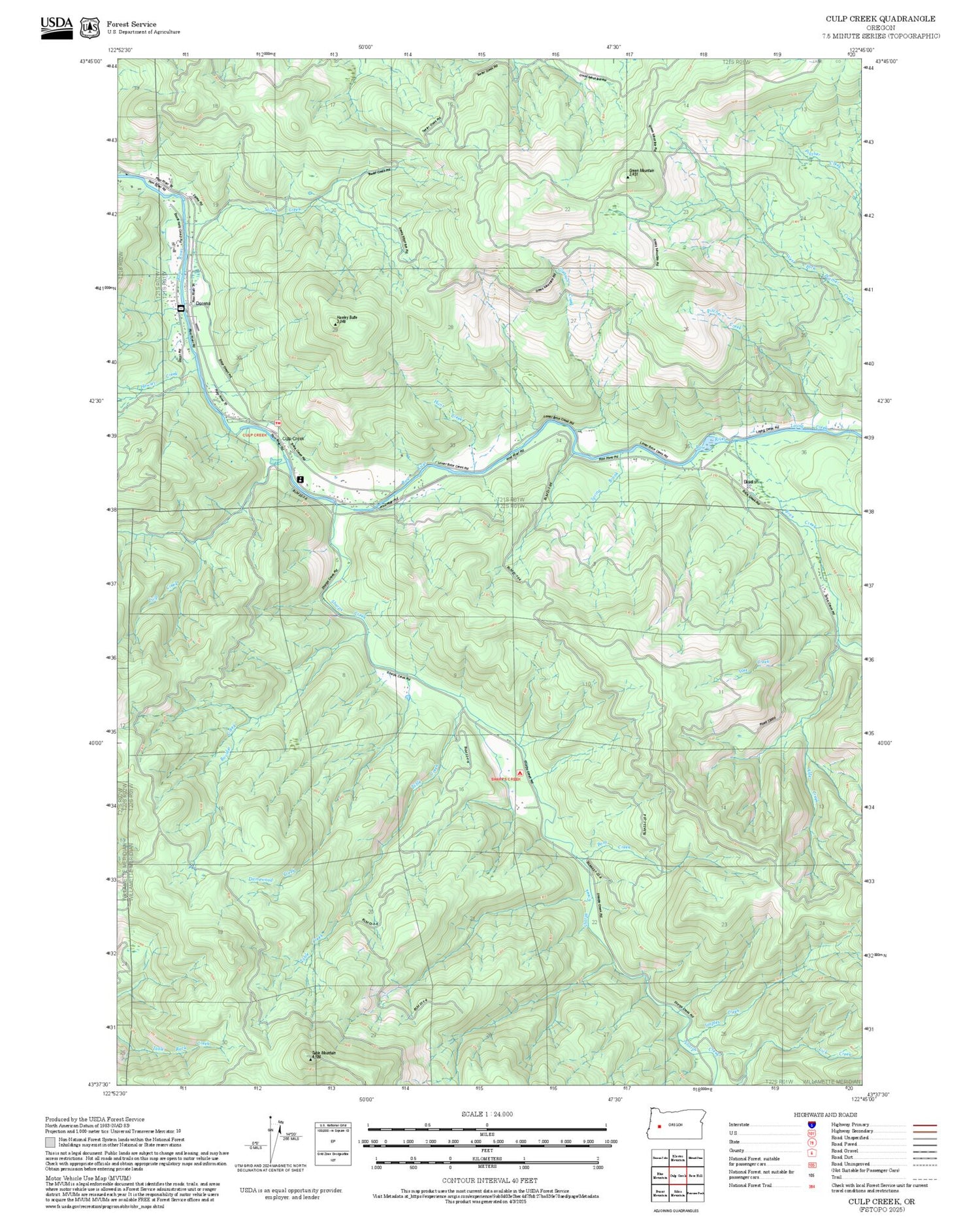 2025 Forest Service Topo Map of Culp Creek Oregon