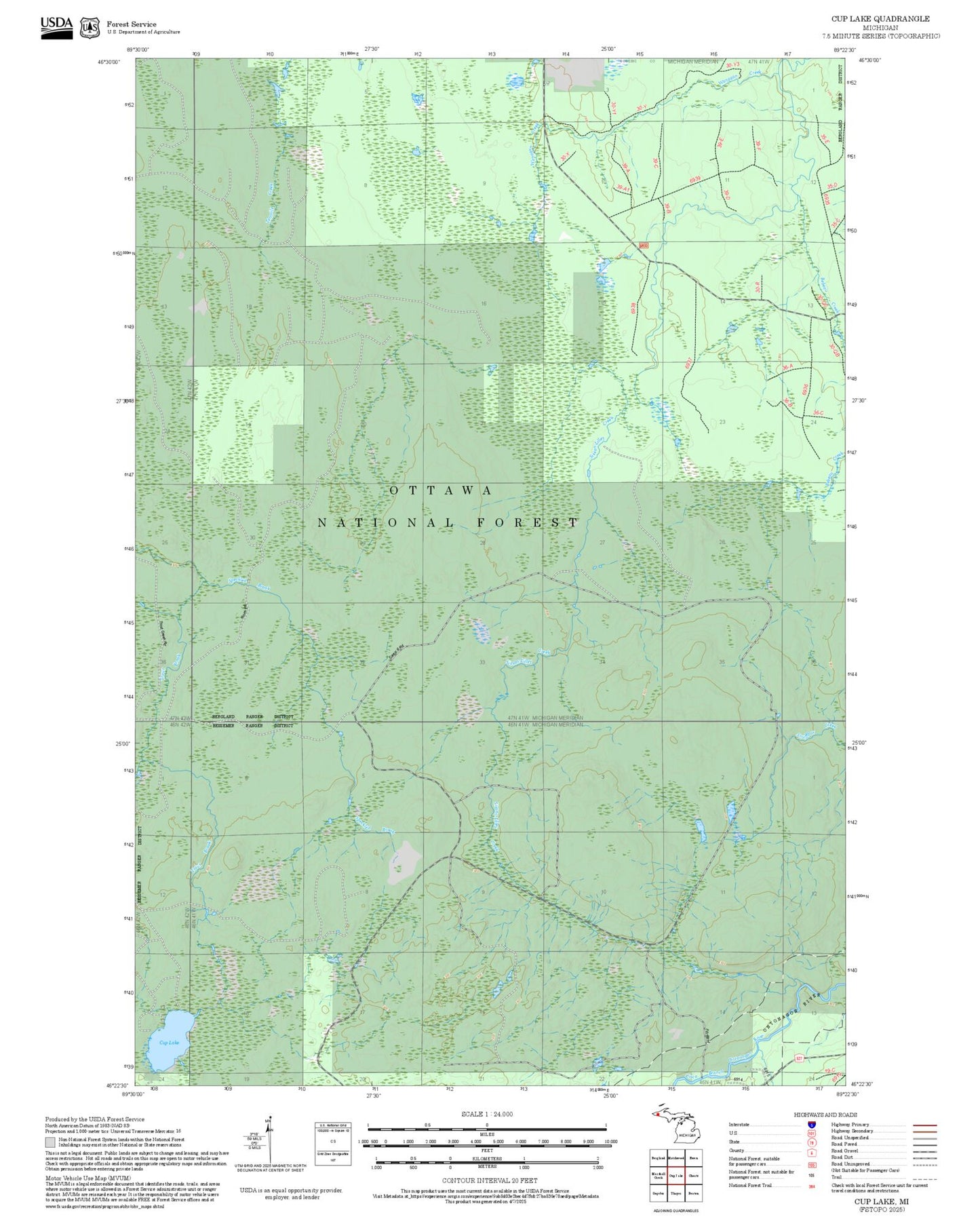 2025 Forest Service Topo Map of Cup Lake Michigan