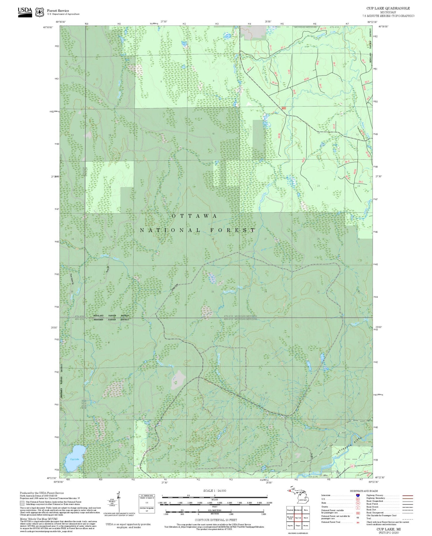 2025 Forest Service Topo Map of Cup Lake Michigan