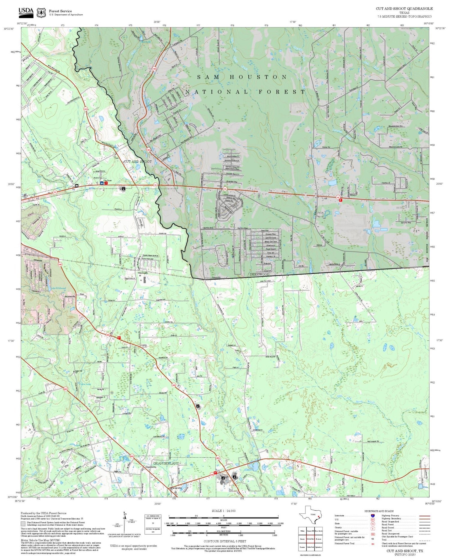 2025 Forest Service Topo Map of Cut And Shoot Texas