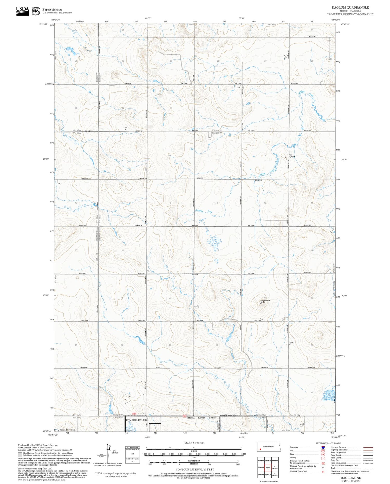 2025 Forest Service Topo Map of Daglum North Dakota