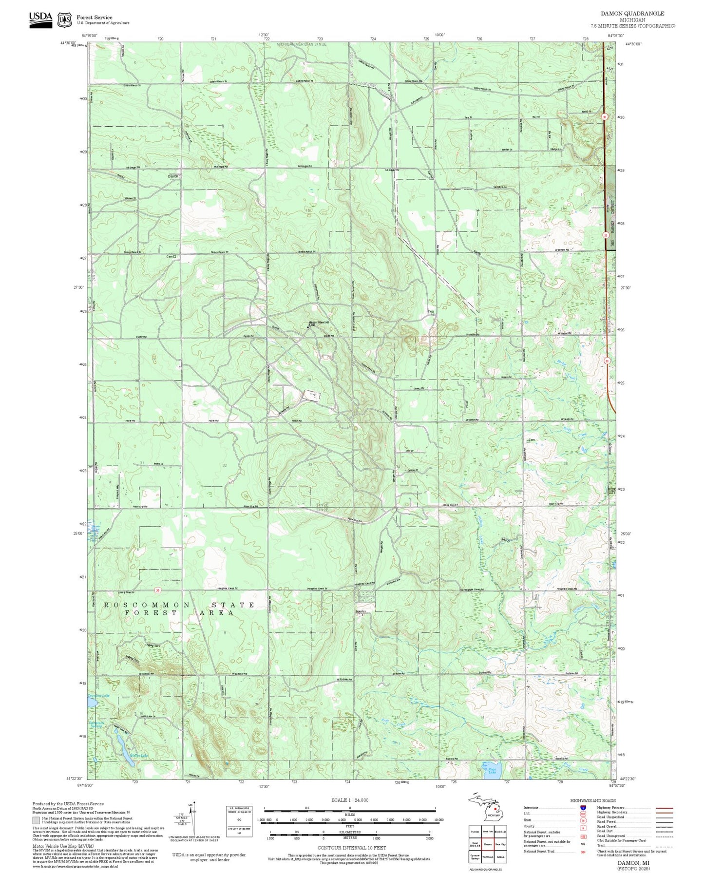 2025 Forest Service Topo Map of Damon Michigan