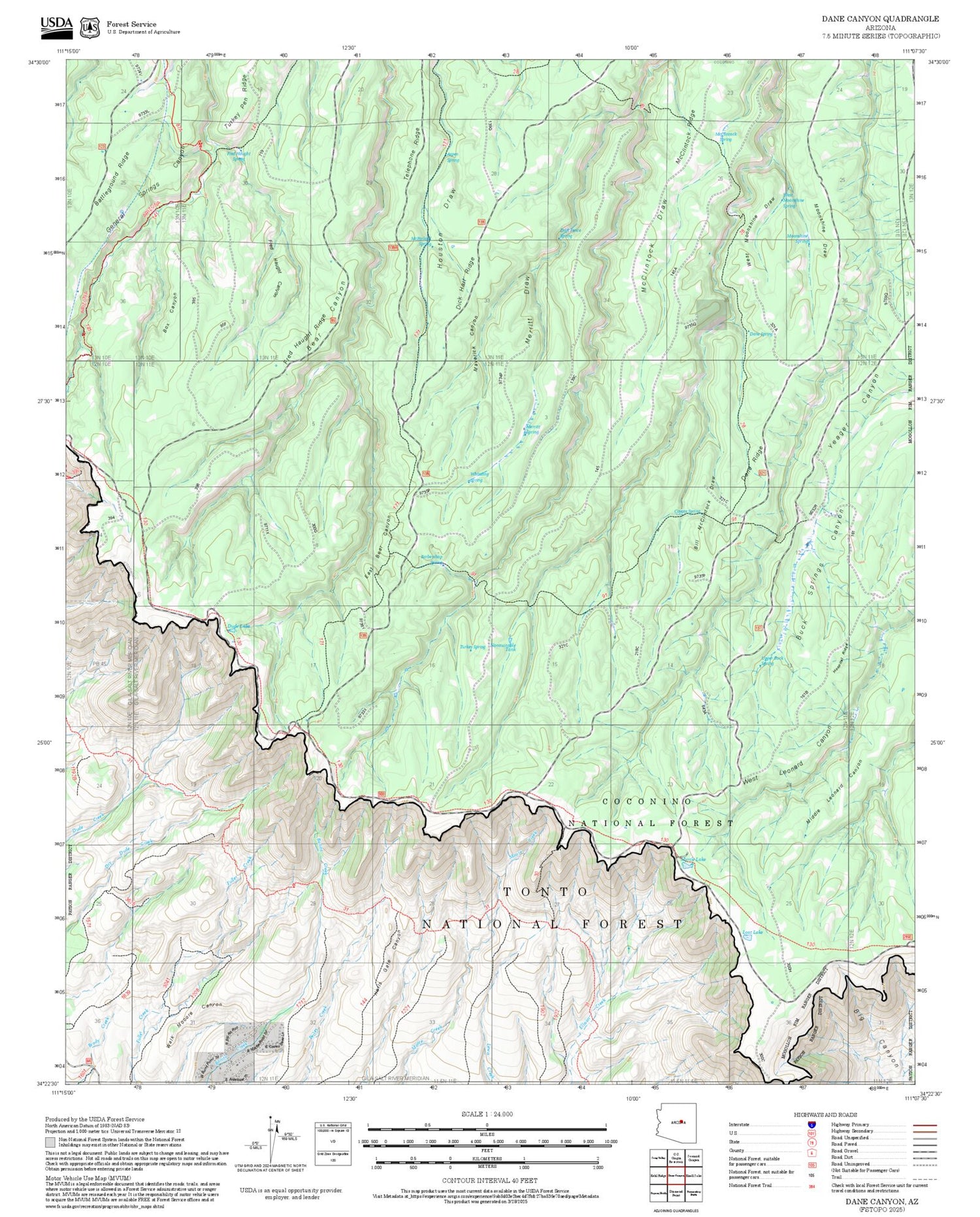 2025 Forest Service Topo Map of Dane Canyon Arizona