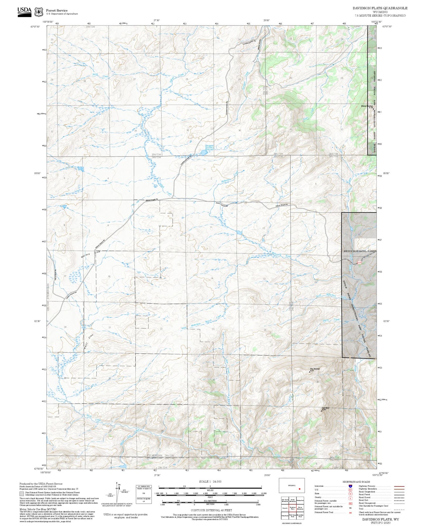 2025 Forest Service Topo Map of Davidson Flats Wyoming