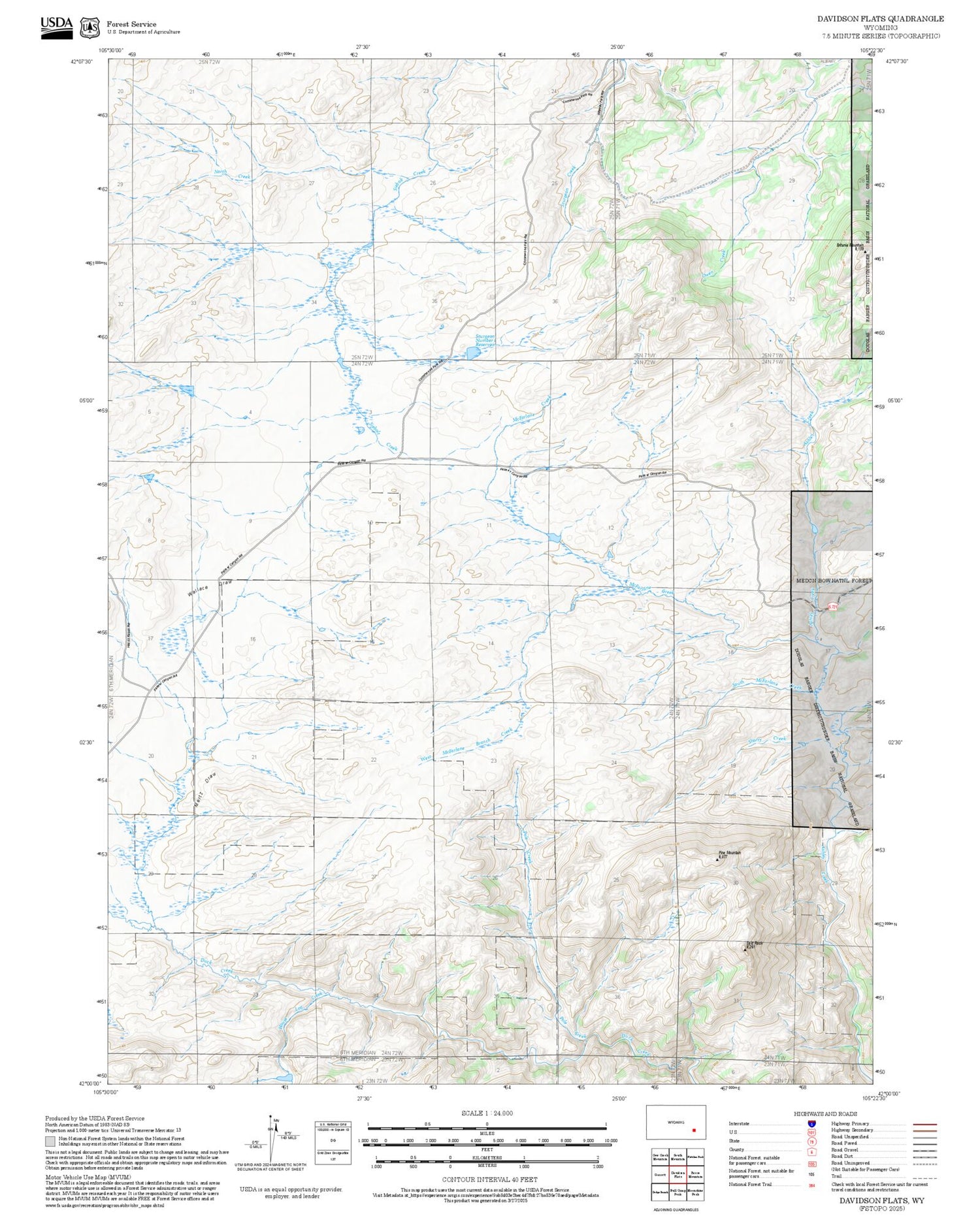 2025 Forest Service Topo Map of Davidson Flats Wyoming