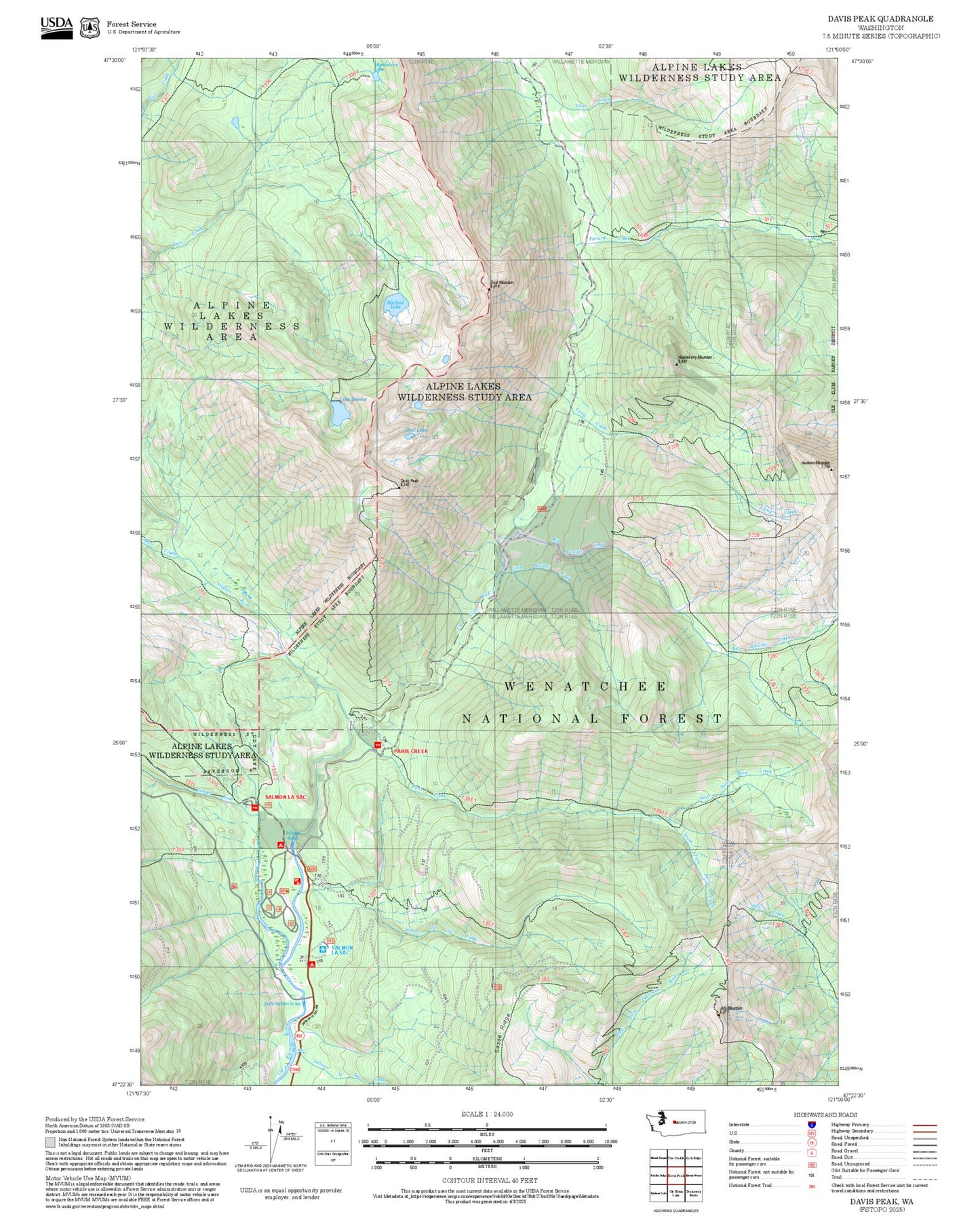 2025 Forest Service Topo Map of Davis Peak Washington