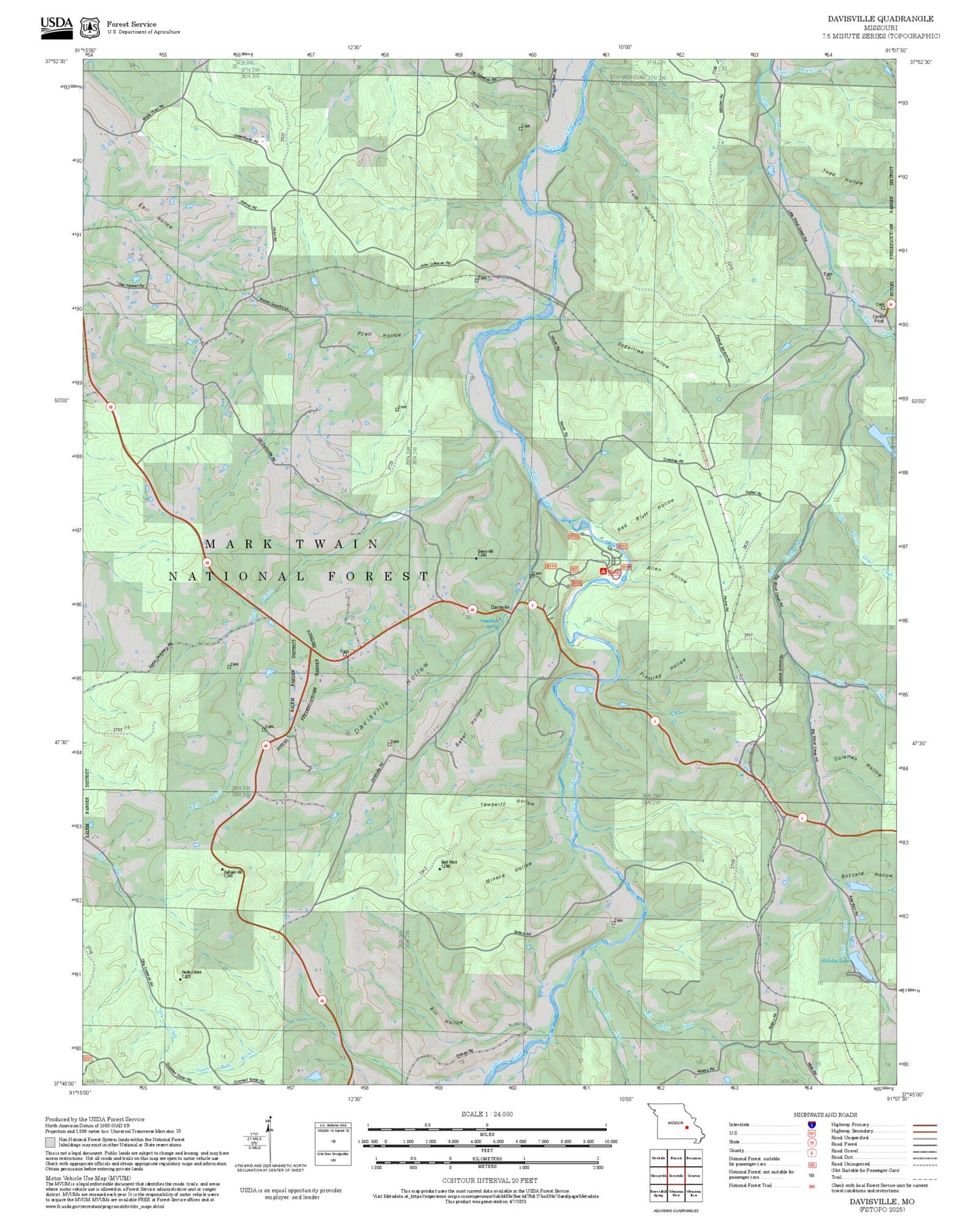 2025 Forest Service Topo Map of Davisville Missouri