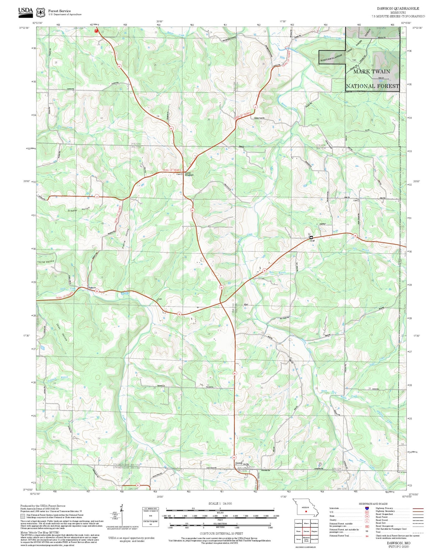 2025 Forest Service Topo Map of Dawson Missouri
