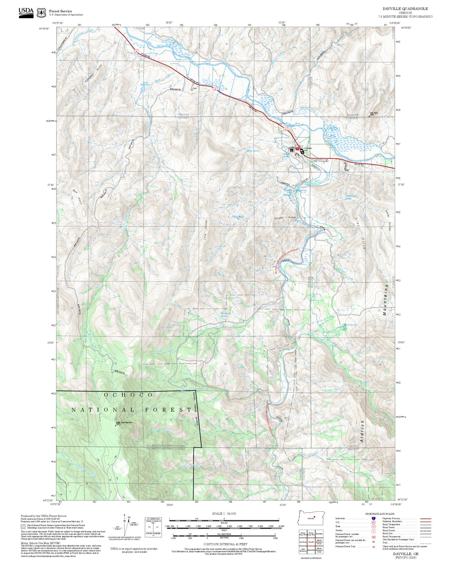 2025 Forest Service Topo Map of Dayville Oregon