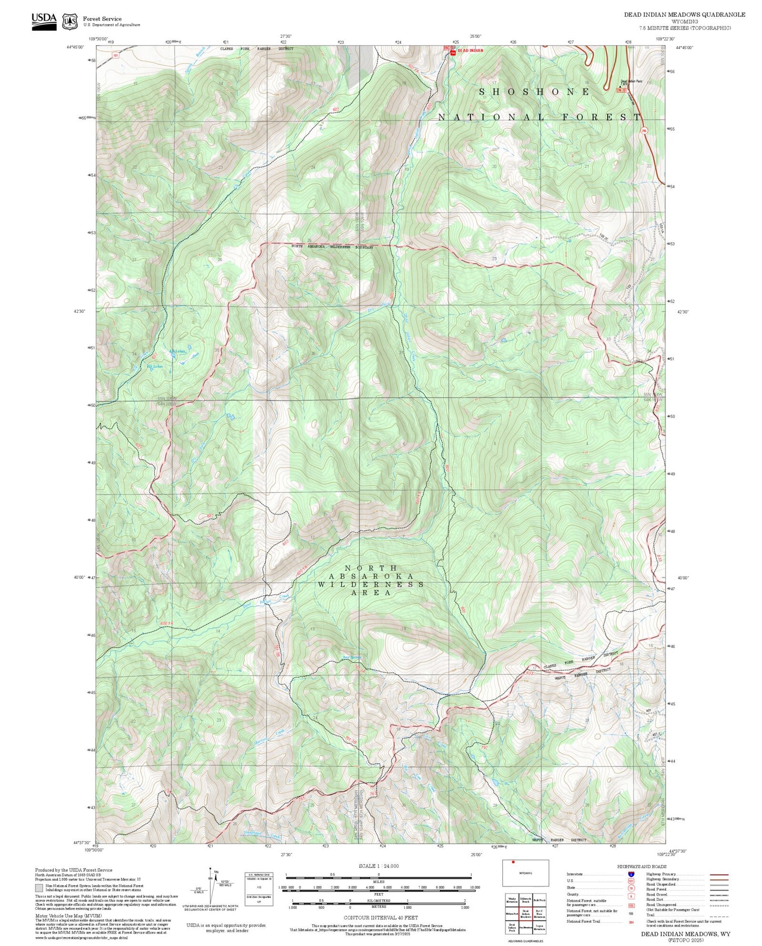 2025 Forest Service Topo Map of Dead Indian Meadows Wyoming