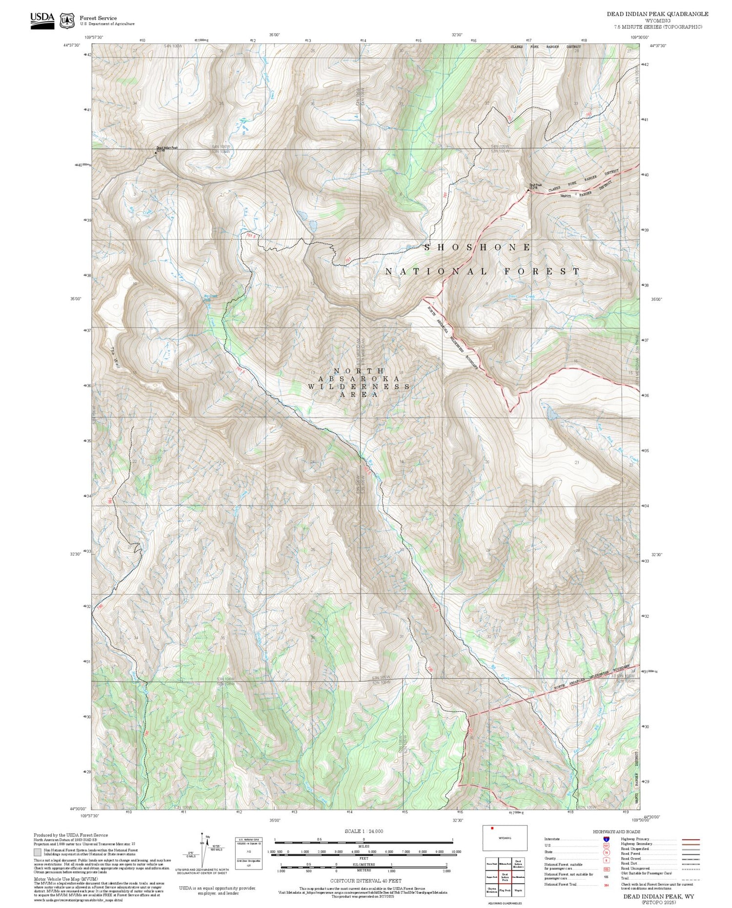 2025 Forest Service Topo Map of Dead Indian Peak Wyoming