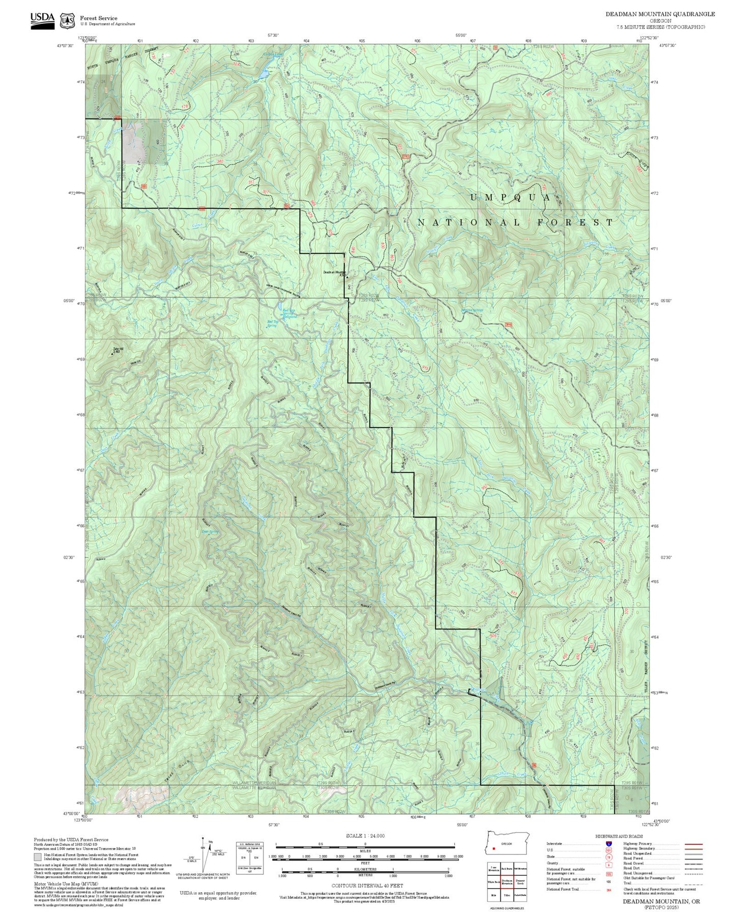 2025 Forest Service Topo Map of Deadman Mountain Oregon