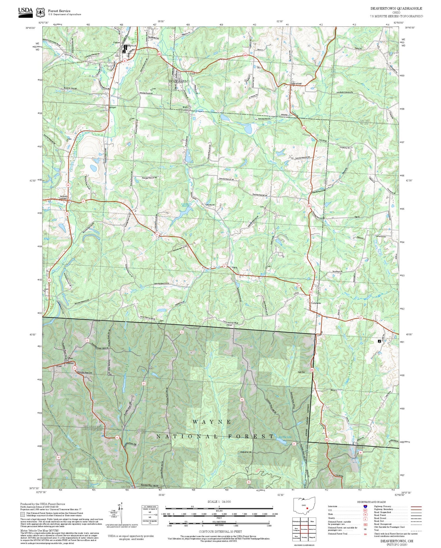 2025 Forest Service Topo Map of Deavertown Ohio