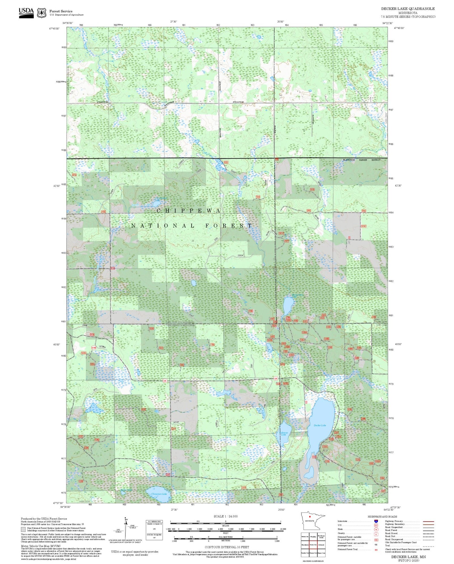 2025 Forest Service Topo Map of Decker Lake Minnesota