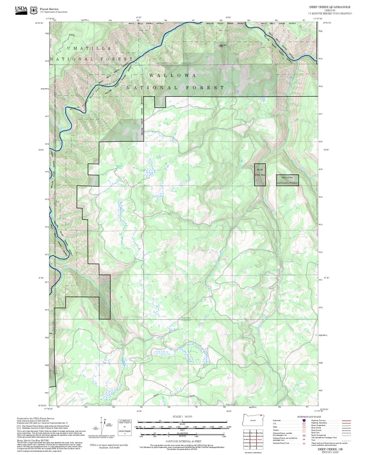 2025 Forest Service Topo Map of Deep Creek Oregon