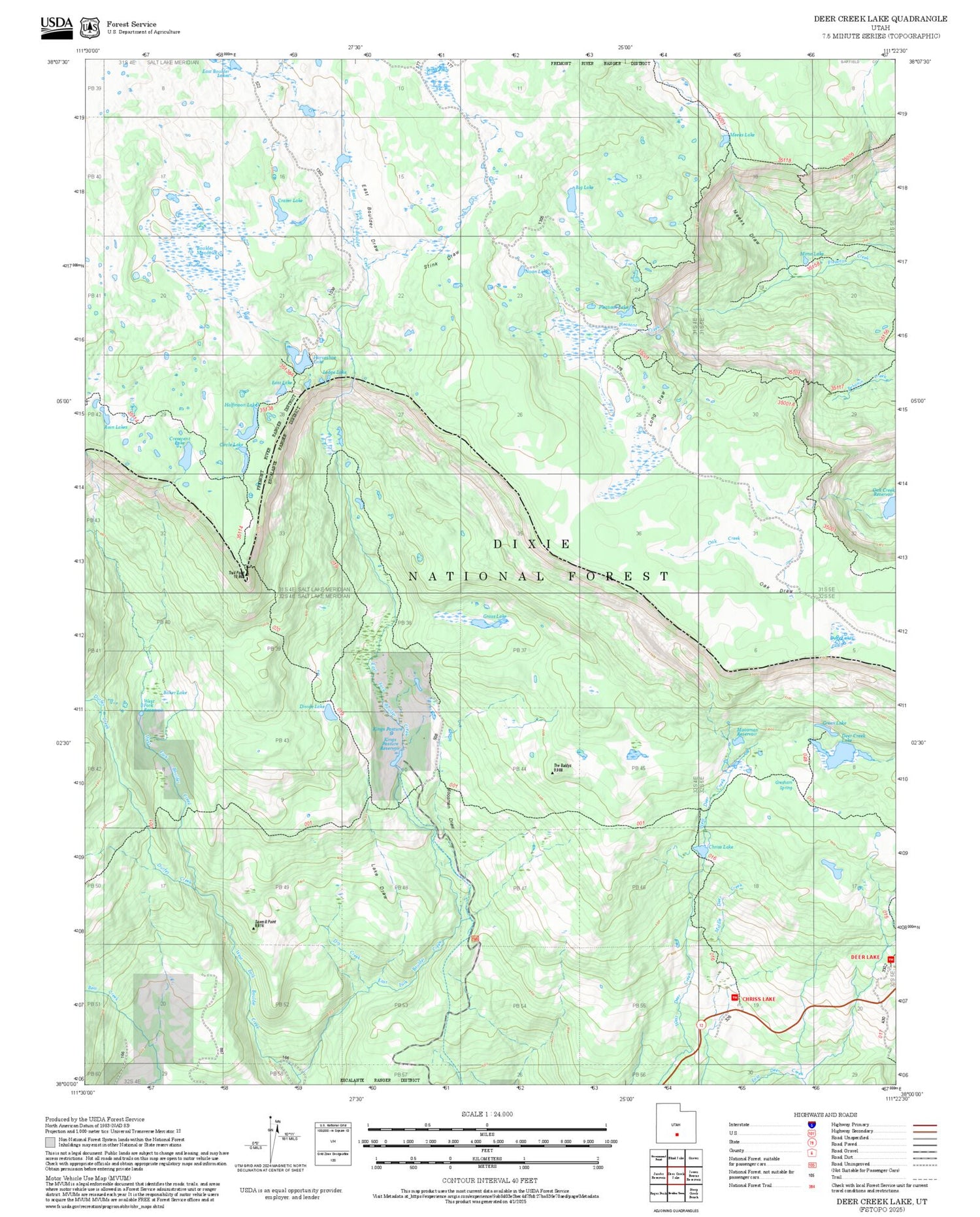 2025 Forest Service Topo Map of Deer Creek Lake Utah