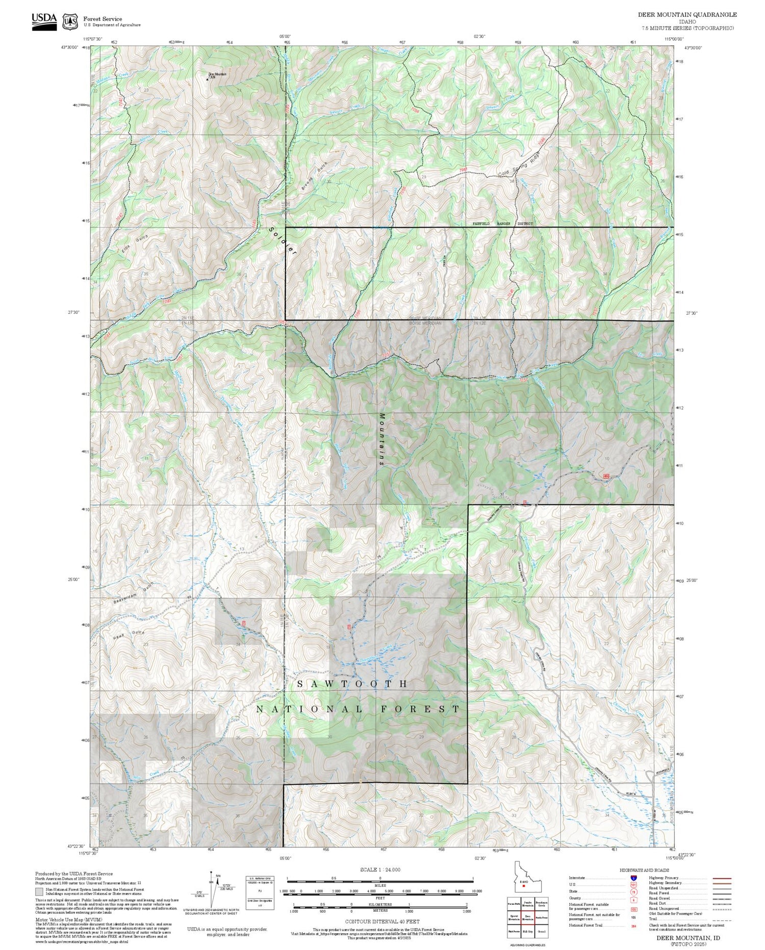 2025 Forest Service Topo Map of Deer Mountain Idaho