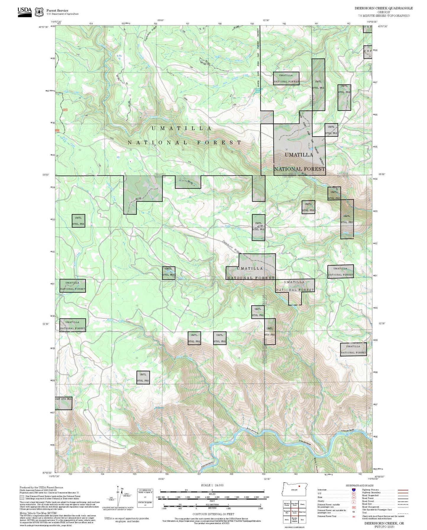 2025 Forest Service Topo Map of Deerhorn Creek Oregon
