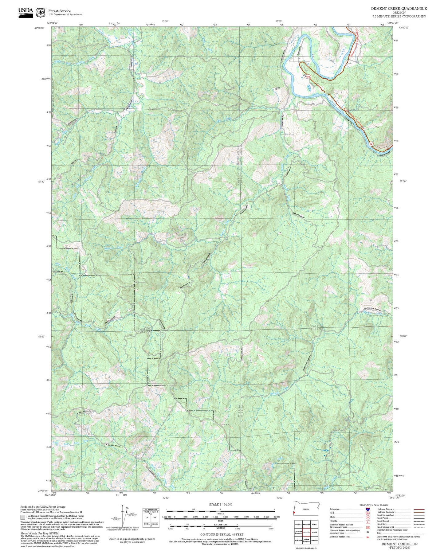 2025 Forest Service Topo Map of Dement Creek Oregon